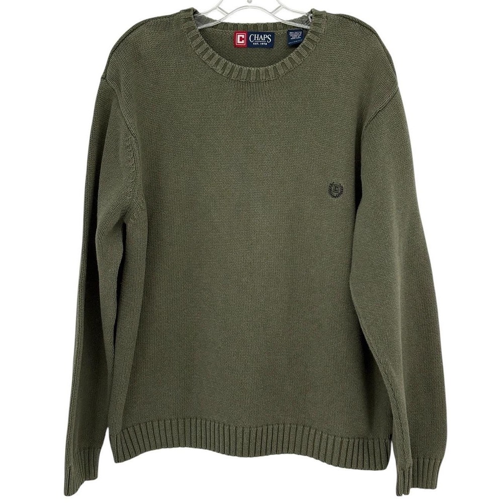Chaps Vintage Sweater Olive Green Crewneck Shaker Knit 100% Cotton XL